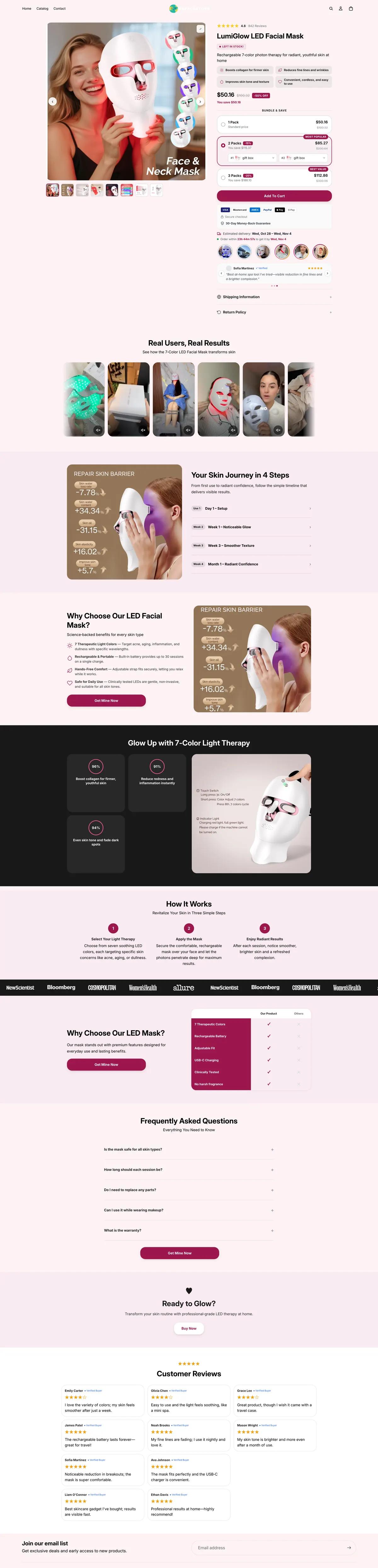 Full Shopify product page built by Ecopy for an LED facial mask: buy box with bundles, delivery date, video stories, testimonials, results timeline, statistics, comparison table and reviews